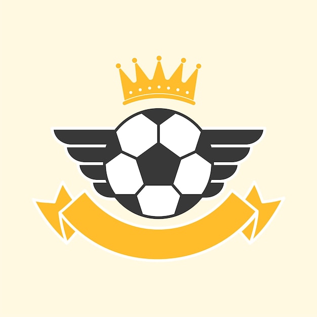 Schwarzweiss-Fußballflügel und goldene Krone gegen gelben Hintergrund mit leerem Band
