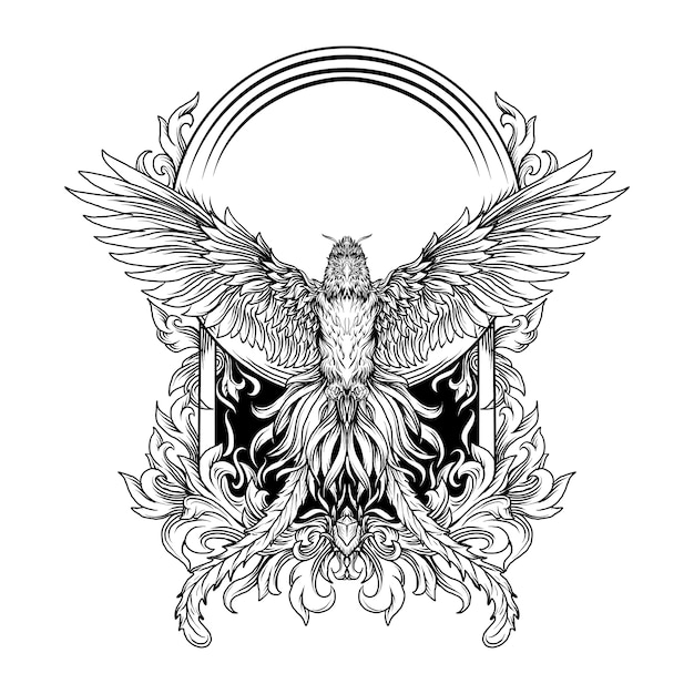 Schwarzweiss-Hand gezeichnete Illustration Phoenix-Gravurverzierung