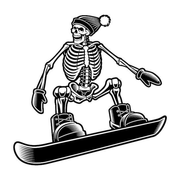 Schwarzweiss-illustration eines skeletts auf dem snowboard lokalisiert auf weißem hintergrund.