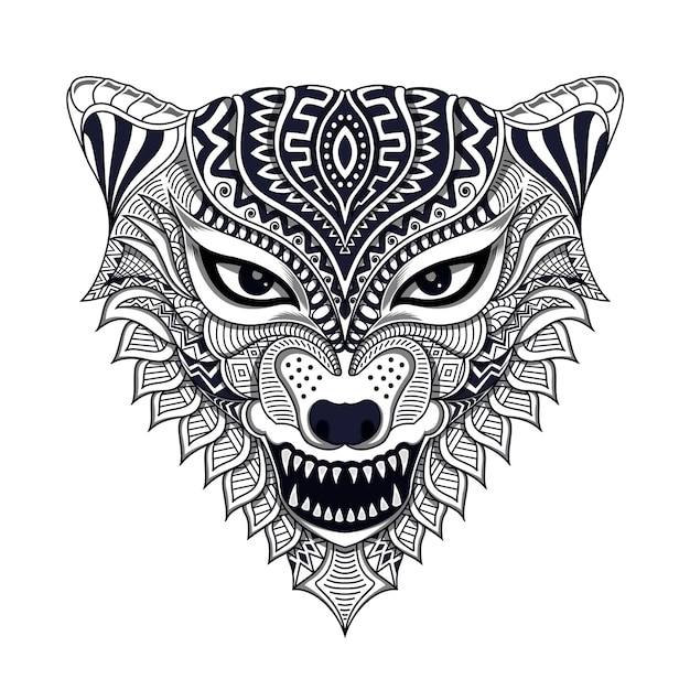 Schwarzweiss-stilisierter Wolf in der ethnischen Artillustration
