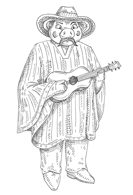 Schwein im poncho, sombrero spielt gitarre. vintage schraffur