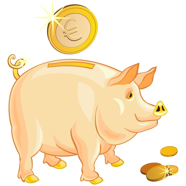 Schwein-sparschwein mit gold-euro-münzen isoliert auf weißem hintergrund