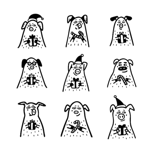 Schweine-set lustige schweine mit süßigkeiten, stöcken, geschenken und weihnachtsmannshüten 2019 chinesische neujahrssymbole doodle-stil-zeichen für grußkarten druck-icon-aufkleber vektor-illustration