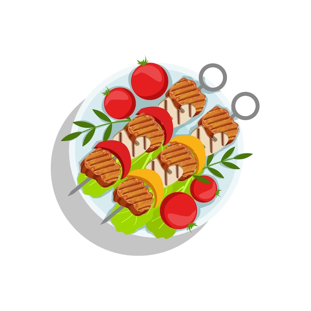 Vektor schweinefleisch-spieße mit pilzen und pfeffer oktoberfest grill food plate illustration