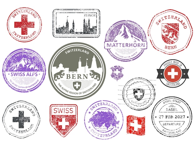 Vektor schweiz schäbige gummistempel-set schweizer städte und alpen etiketten und symbole embleme und flaggen