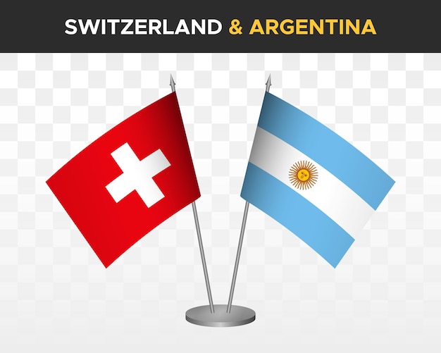 Schweiz vs argentinien schreibtischfahnen mockup isoliert 3d-vektorillustration schweizer tischfahne