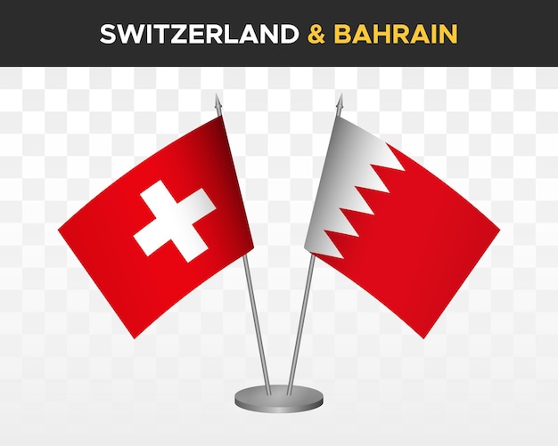 Schweiz vs bahrain schreibtischfahnen mockup isoliert 3d-vektorillustration schweizer tischfahne