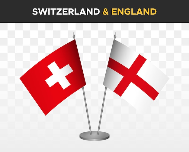 Schweiz vs england schreibtischfahnen mockup isoliert 3d-vektorillustration schweizer tischfahne