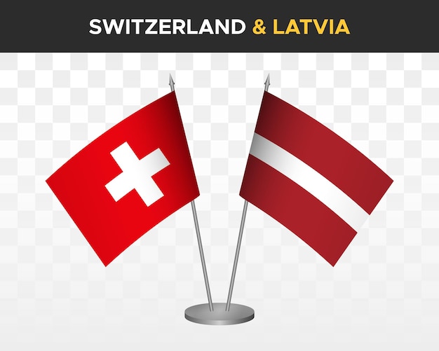 Schweiz vs lettland schreibtischfahnen mockup isoliert 3d-vektorillustration schweizer tischfahne