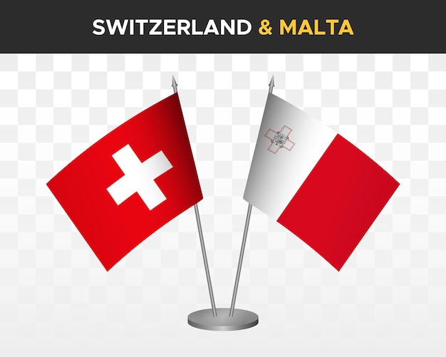 Schweiz vs malta schreibtischfahnen mockup isoliert 3d-vektorillustration schweizer tischfahne