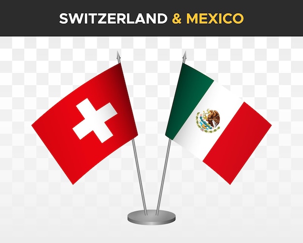 Schweiz vs mexiko schreibtischfahnen mockup isolierte 3d-vektorillustration schweizer tischfahne