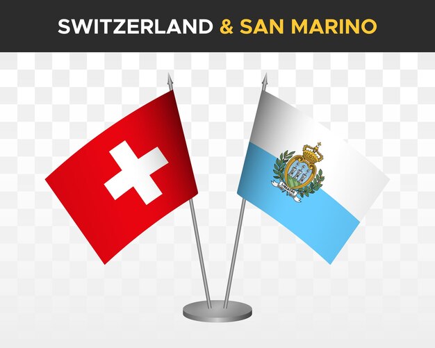 Schweiz vs san marino schreibtischfahnen mockup isolierte 3d-vektorillustration schweizer tischfahne