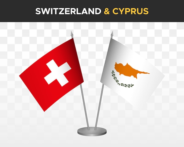 Schweiz vs zypern schreibtischfahnen mockup isolierte 3d-vektorillustration schweizer tischfahne