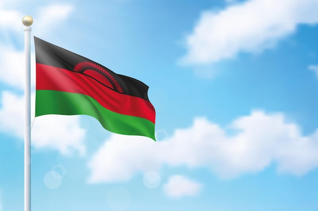 Schwenkende Flagge Malawis auf Himmelshintergrund Vorlage für die Gestaltung von Plakaten zum Unabhängigkeitstag