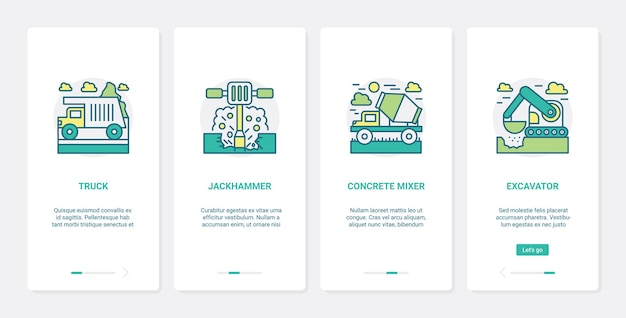 Schwere baumaschinen ausrüstung ux, ui onboarding mobile app seite bildschirm gesetzt