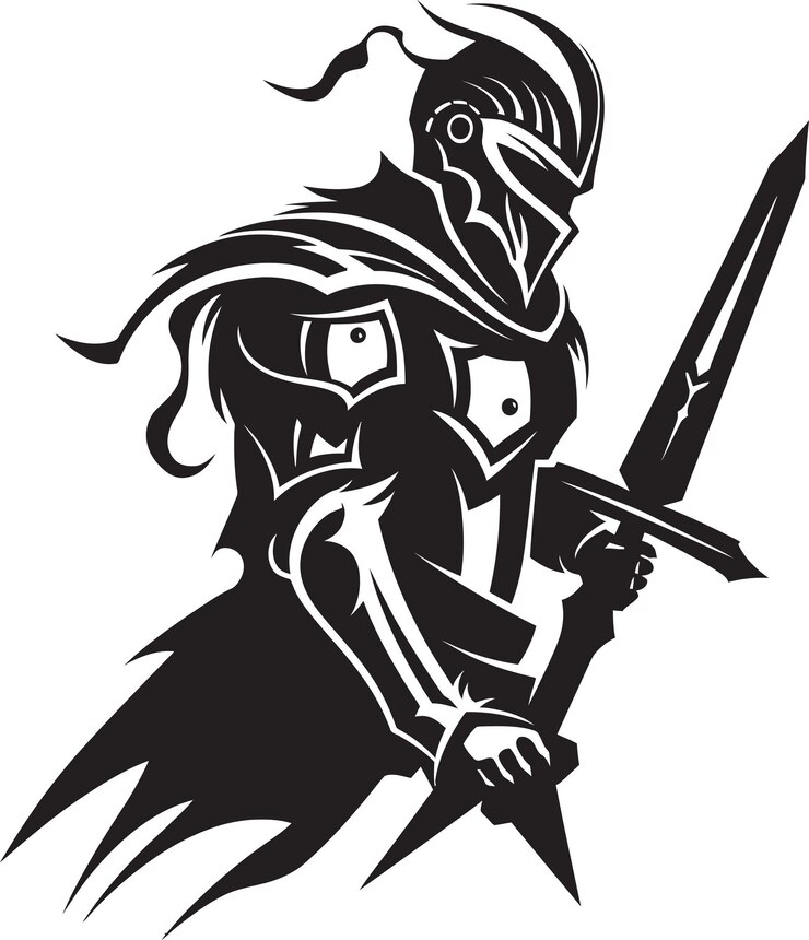 Schwert der Tapferkeit Schwarzes Logo mit Ritter-Soldaten erhobenes Schwert in Vector Defenders Legacy Knight