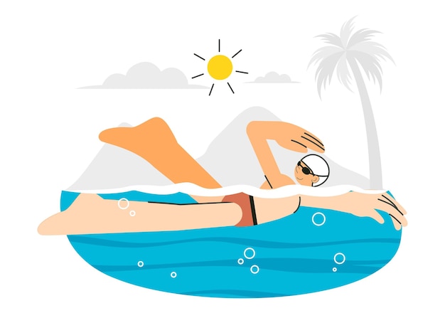 Schwimmbad-Vektorillustration mit einem Sommerferienlandschaftskonzept mit Schwimmaktivitäten, Wassersport und Spaß.