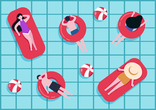 Schwimmen-hintergrund-vektor-illustration im flachen cartoon-stil. menschen tragen badebekleidung, schwimmen im sommer und führen wasseraktivitäten durch