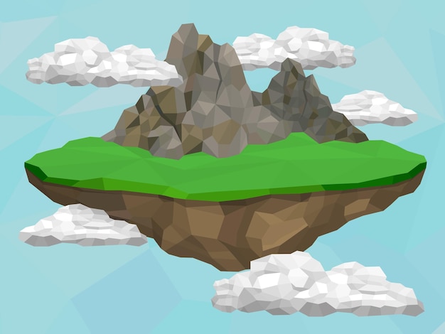 Schwimmende Insel mit Berg und Wiese im Himmel Vektor Low-Poly-Illustration