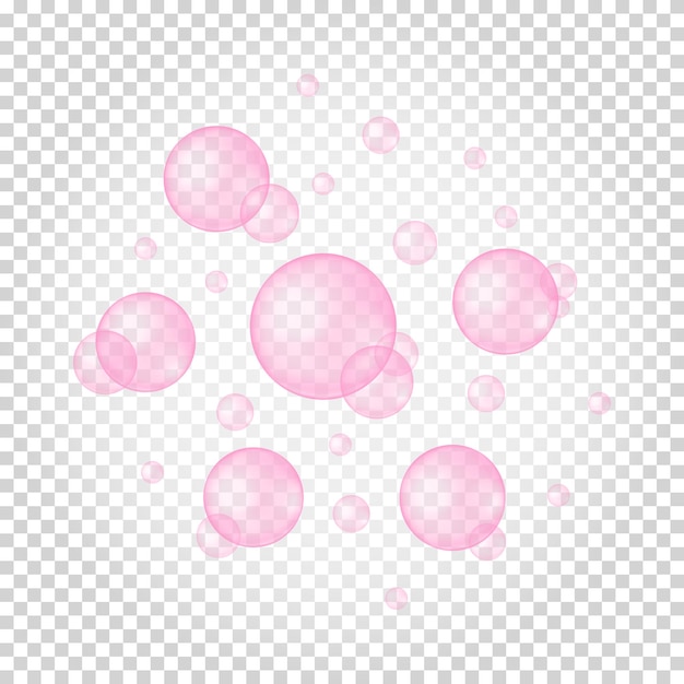 Schwimmende rosa Blasen auf transparentem Hintergrund Sprudelndes Kirsch- oder Erdbeerwasser