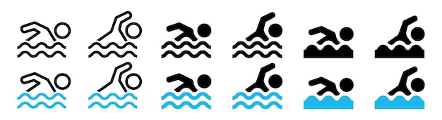 Schwimmer-symbol schwimm-ikonensatz symbol des schwimmens zwischen den wellen vektor