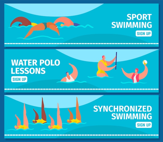 Schwimmsport mit menschen professionelle schwimmer im schwimmbad, web-banner setzen flache illustration.