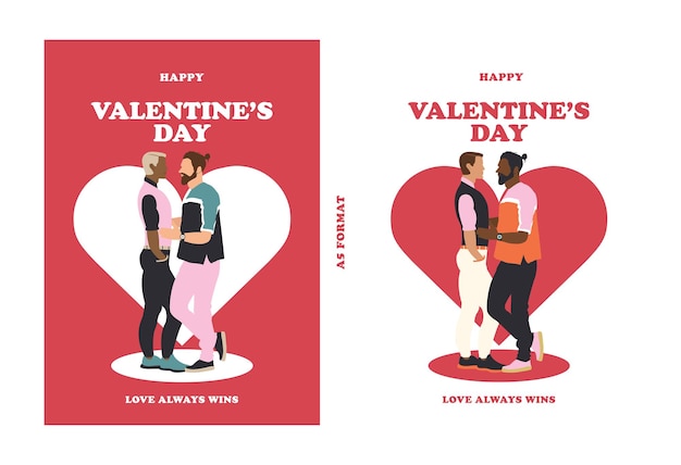Schwule Männer Paar umarmt mit unterschiedlicher Hautfarbe Happy Valentine's Greeting card.Vector Illustration