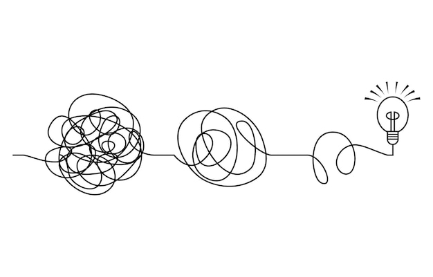 Vektor scribble-linien-doodles. das konzept des übergangs von kompliziert zu einfach mit glühlampe, isoliert auf weißem hintergrund