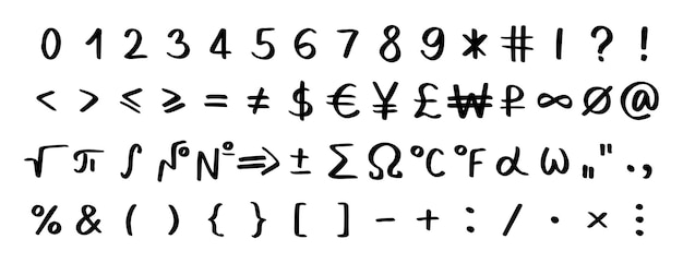 Scribble schwarze spezielle Mathematik-Symbole Zahlen und Zeichen Symbole sind handgeschriebene Zeichen von der Tastatur