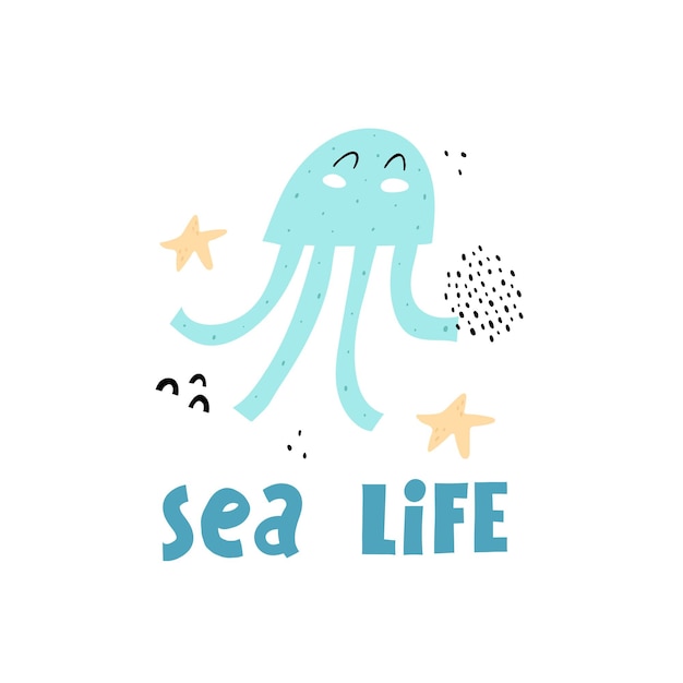 Sea life cartoon octopus seestern handzeichnung schriftzug