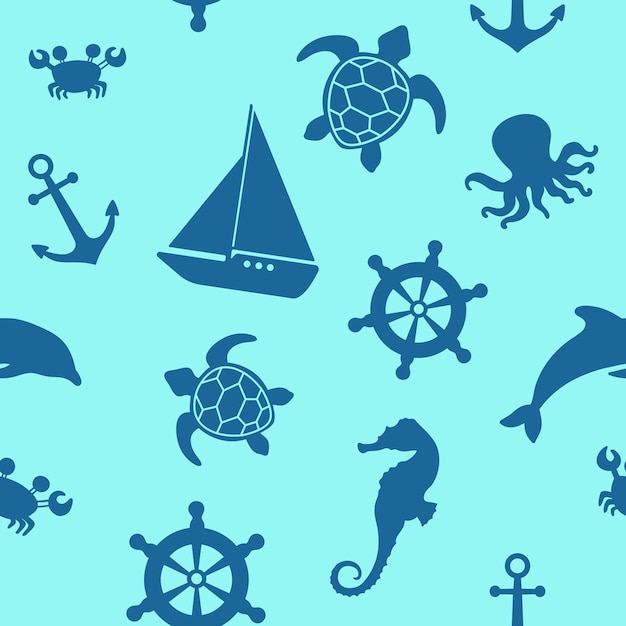 Sea life nahtlose muster vektor-illustration von seepferdchen, schildkröten, oktopussen und booten nahtloses marinemuster für jungentextilien