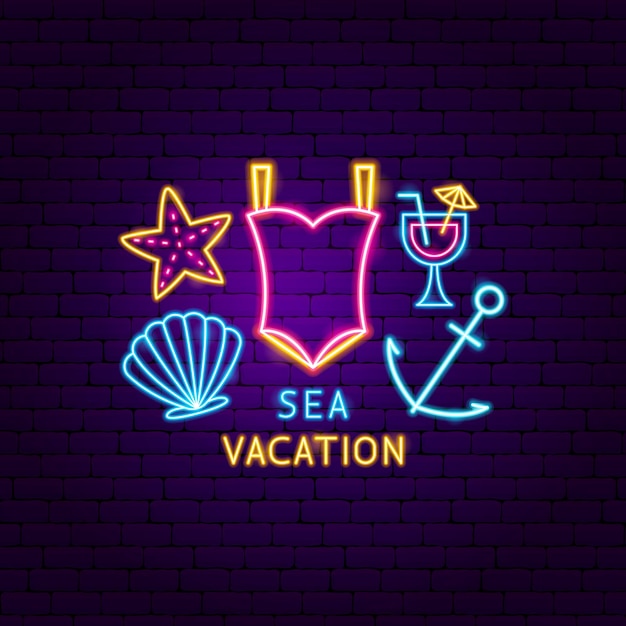 Sea vacation neon-label. vektor-illustration der reiseförderung.