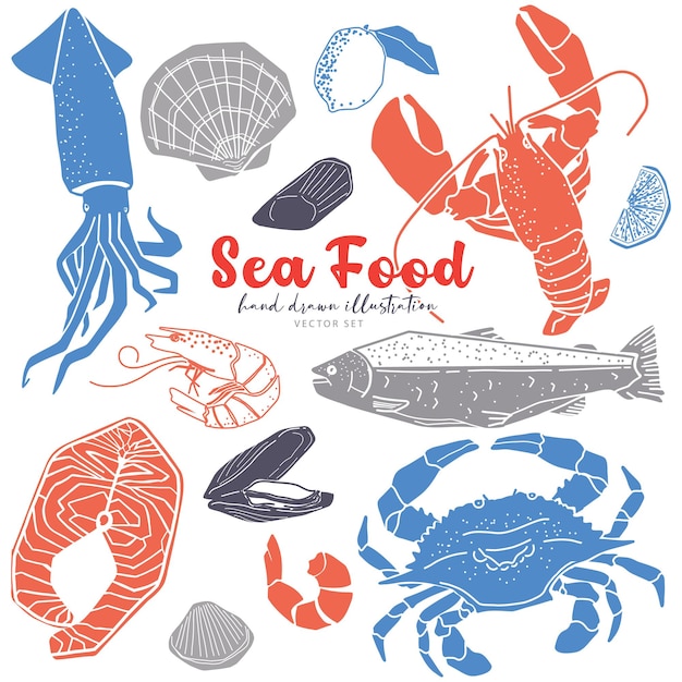 Vektor seafood-handgezeichnete illustrationsvektoren-set