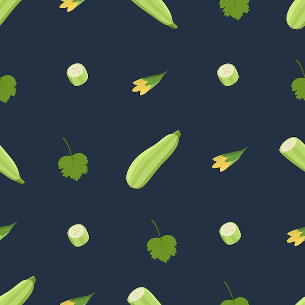 Seamless pattern zucchini ganz und geschnitten zucchini-blüten und blätter vektor-illustration von gemüse eine reihe von ernte-zucchini