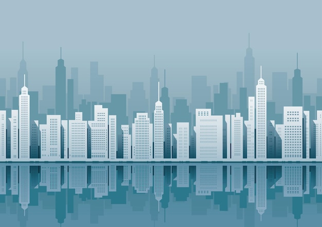 Seamless, Stadtbild, Mit, Skyscrapers,, Vektor, Illustration. Horizontal wiederholbar.