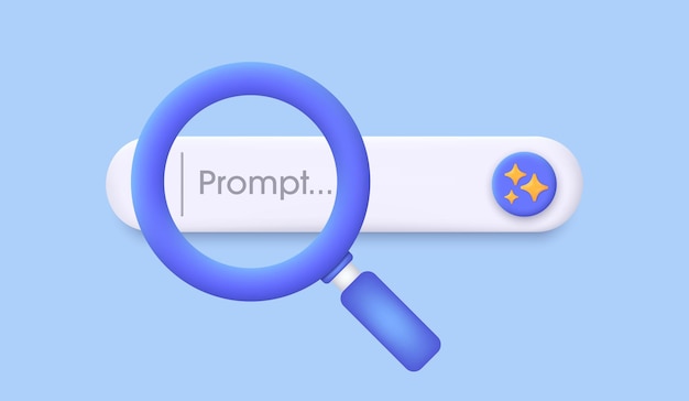 Search engine bar and magnifying glass 3D Chatbot and AI Assistant Concept of Artificial Intelligence Input prompt as commands for search and analysis by AI Trendy and modern vector in 3d style