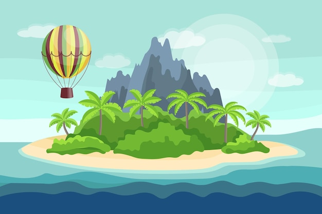 Vektor seascape, paradiesische insel mit palmen und einem ballon vor dem hintergrund des meeres.
