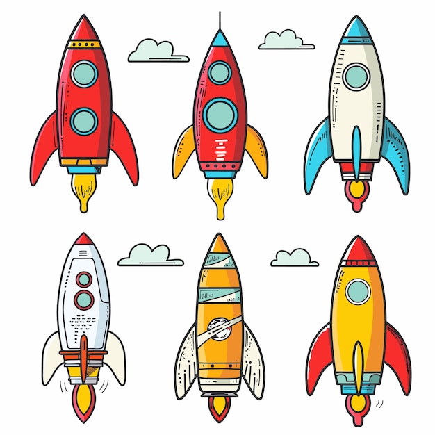Sechs Cartoon-Raketen in verschiedenen Farben fliegen gegen den Hintergrund von Wolken.