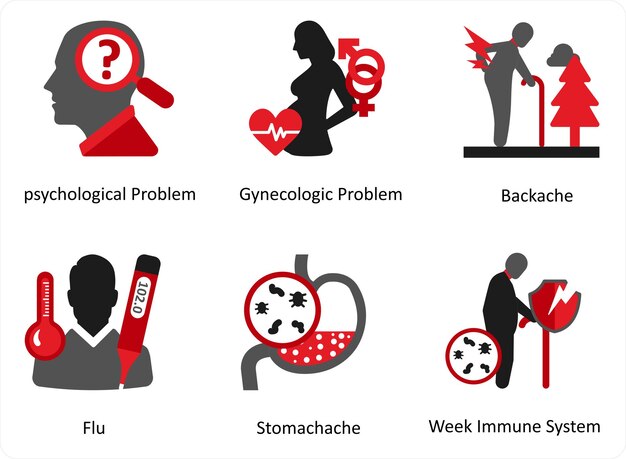 Vektor sechs medizinische ikonen in rot und schwarz als psychologisches problem gyekologisches problem