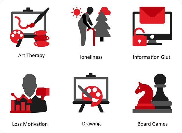 Vektor sechs mix-ikonen in rot und schwarz als kunsttherapie einsamkeit informationsüberschuss