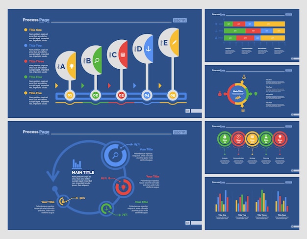 Vektor sechs research charts slide templates set