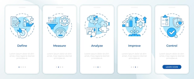 Sechs-Sigma-Verarbeitungsstufen blauer Onboarding-Bildschirm der mobilen App