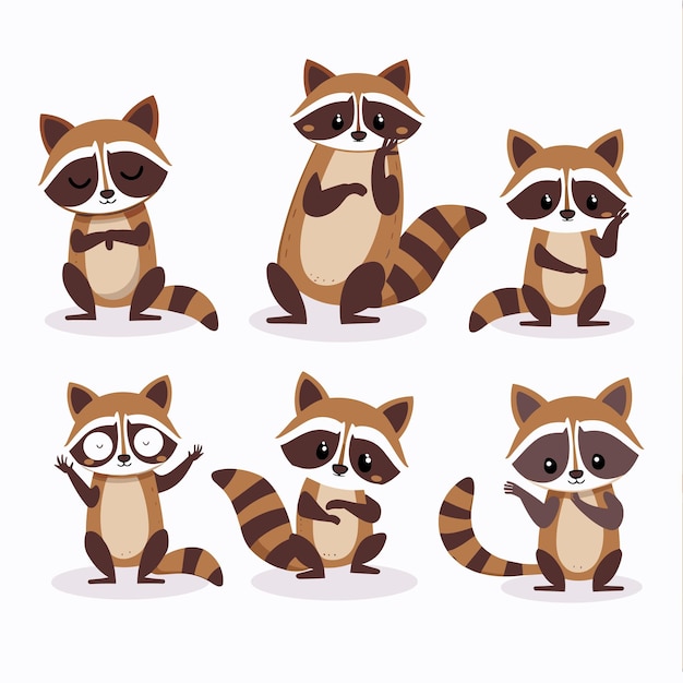 Sechs süße Cartoon-Rackoons, die verschiedene Posen und Ausdrücke zeigen, präsentieren unterschiedliche Raccoon-Ausdrücke
