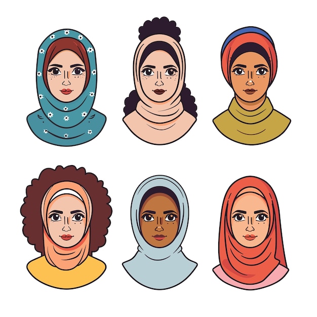 Sechs verschiedene weibliche gesichter mit hijab, kopftuch, vielfalt, verschiedene ethnien.