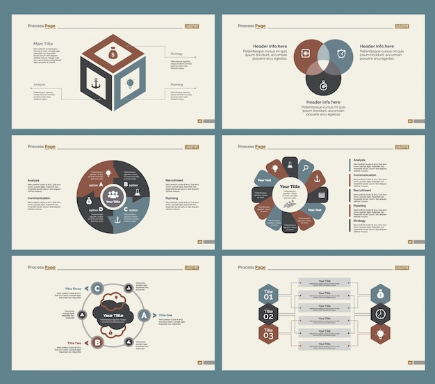 Sechs workflow-folienvorlagen gesetzt