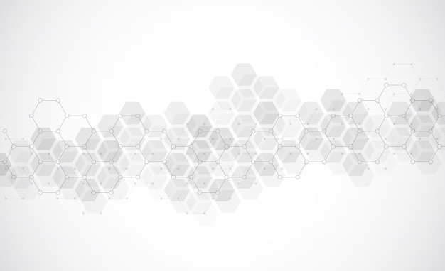 Sechseckmuster auf grauem Hintergrund. Molekulare Struktur der Genforschung. Chemieingenieurwesen. Konzept der Innovationstechnologie. Wird für Design im Gesundheitswesen, Wissenschaft und Medizin verwendet