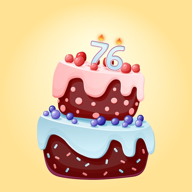 Sechsundsiebzig Jahre Geburtstagstorte mit Kerzen Nummer 76 Cute Cartoon festliche Vektor-Bild Schokoladenkeks mit Beeren, Kirschen und Heidelbeeren Happy Birthday Illustration für Partys