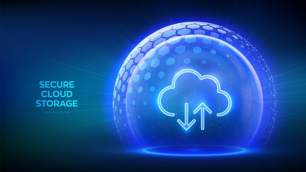 Secure Cloud Storage Cloud-Symbol im Inneren einer transparenten Schutzkugelschild mit sechseckigem Muster