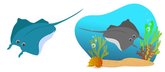 Vektor see-lebens-zitat mit süßem zeichentrickfilm sea stingray kinderillustration seeposterkinderkleidung dekor aufkleberdruck