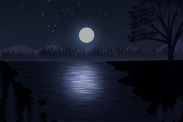 See und Berg mit wildem natürlichem Hintergrund der Mondlandschaftsillustration